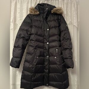 Utex Black Down Puffer Coat Faux Fur Hood Trim Winter Parka Medium